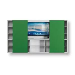 Libreria Multimediale con moduli di ricarica dispositivi, pannelli scorrevoli e vani a giorno, h 197 cm - Immagine 2