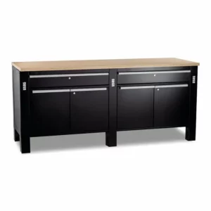 Banco laboratorio, piano in legno, 2 cassetti, 4 ante 200x70x91h cm